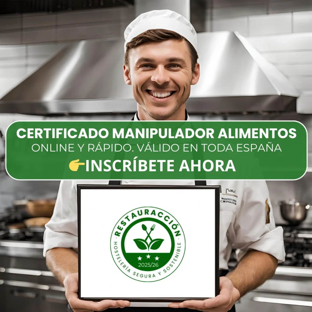 manipulador de alimentos con su certificado de restauracción válido a nivel nacional en una cocina